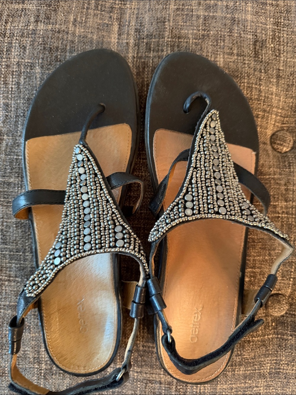 Aetrex Black Beaded T-Strap Sandals